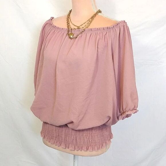 Love J Pink Blush Ruffled Off The Shoulder Smock Hem Blouse 1X - Picture 1 of 17